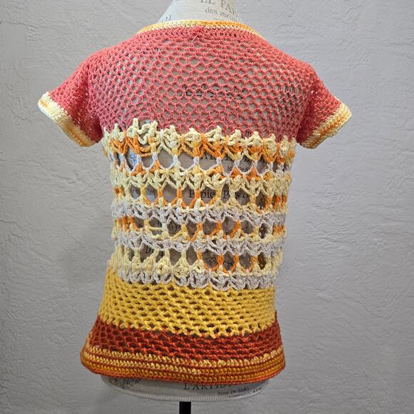 Handmade Crochet Multicolor Granny Square Knit Short Sleeve Shirt - Picture 6 of 10